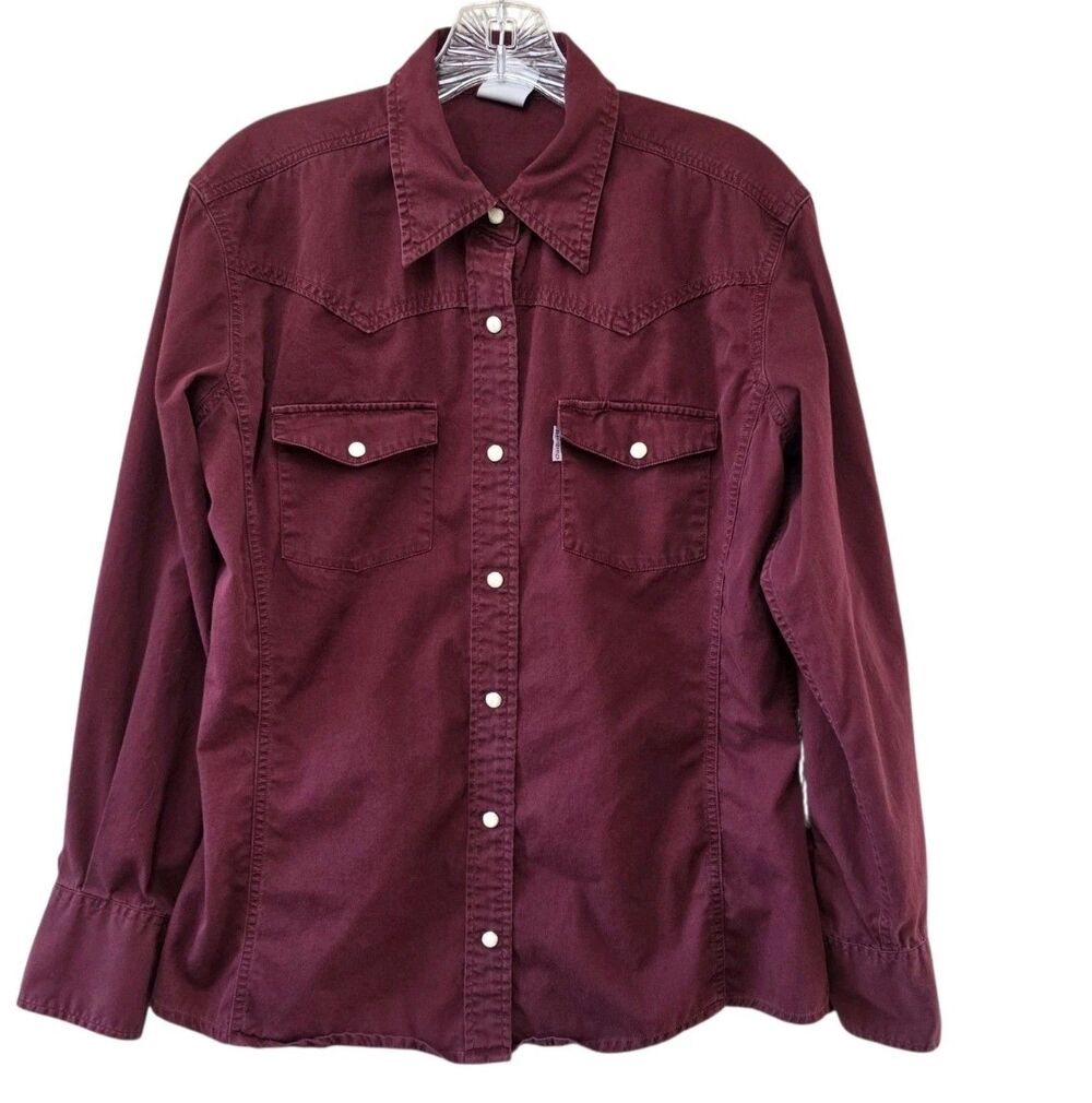 Carhartt Pearl Snap Shirt Women's Size L Port Burgundy Western 100% Cotton